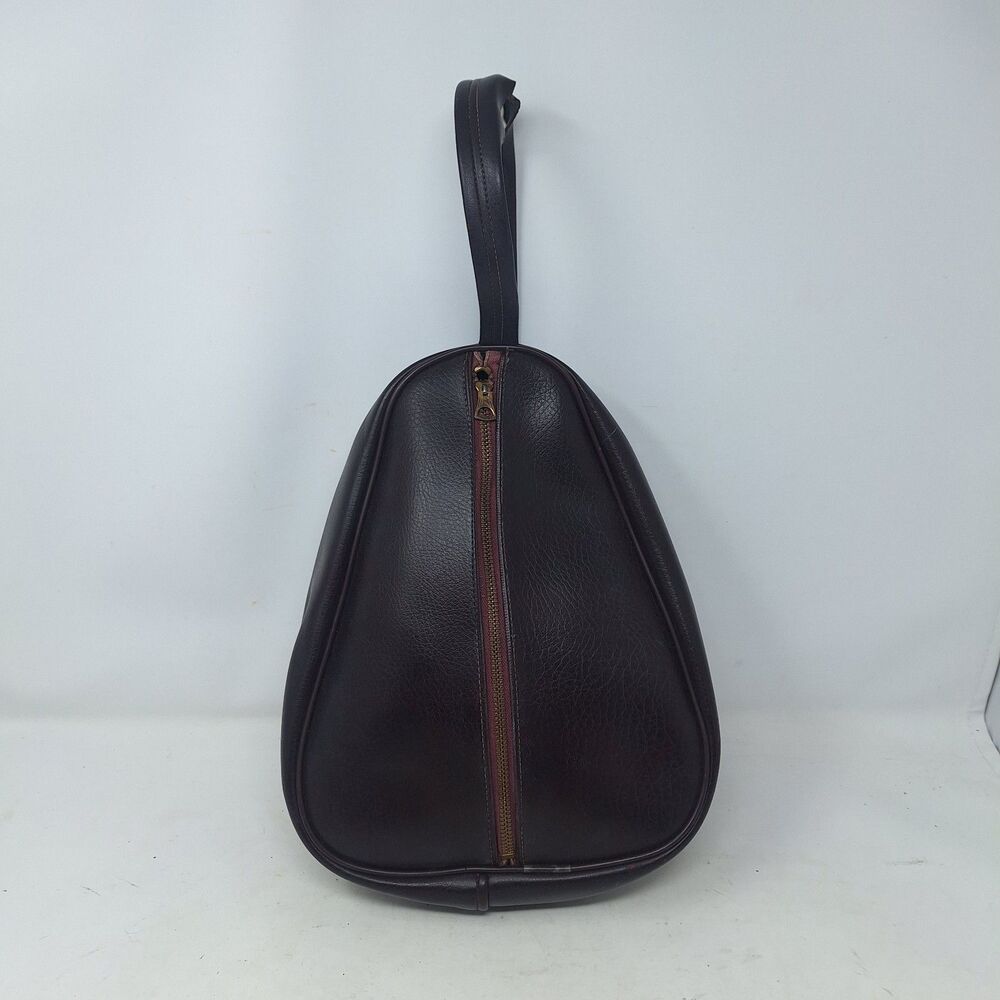 Vintage 60s Brown Leather Teardrop Shaped Unisex Zippered Travel Bag Toiletries